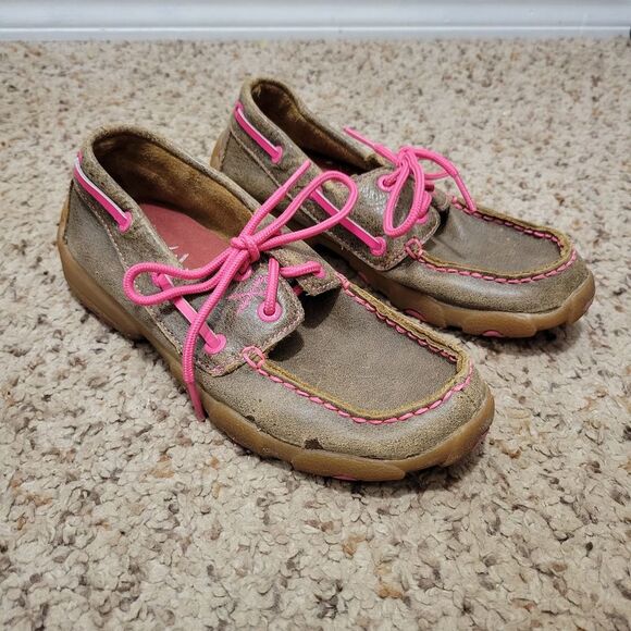 Twisted X Kid's Brown and Pink Breast Cancer Awareness Leather Moccasins Size 2 - Picture 5 of 6